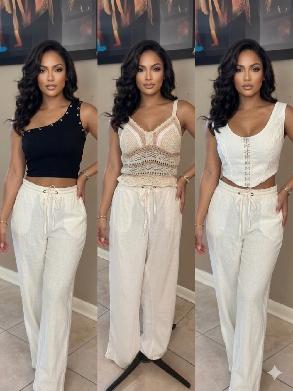 Womens Cream Crochet Tank Top, a symmetrical & cropped top/linen pant bundle